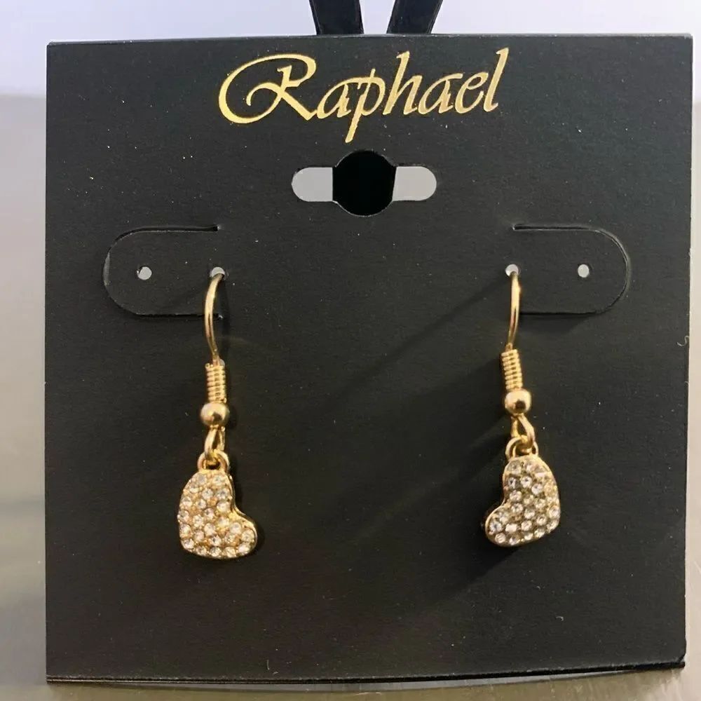 Raphael small rhinestone gold hearts dangle earrings